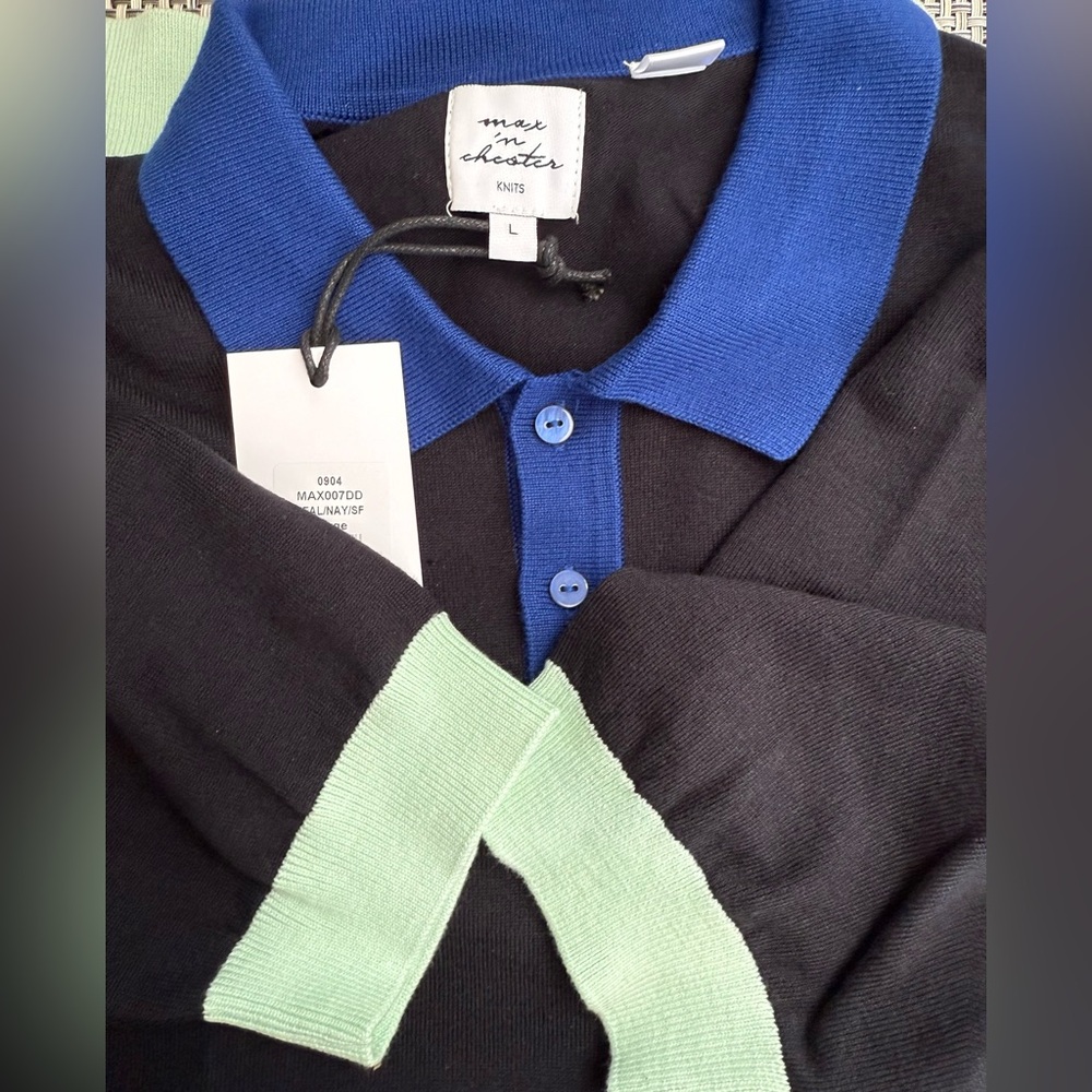 New Men's Max n Chester Black Polo Shirt with Blue Collar - Picture 6 of 6